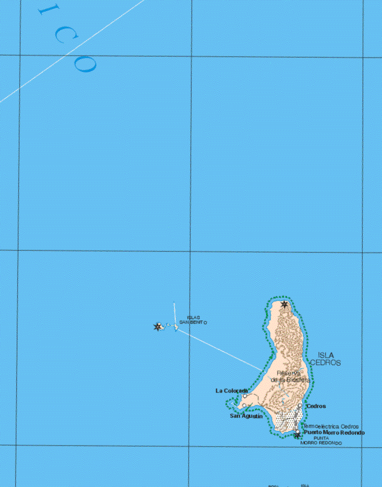 Este mapa muestra las poblaciones(pueblos) de Isla Cedros, La Colorada, San Agustín, Cedros, Puerto Morro Redondo, Isla San Benito.