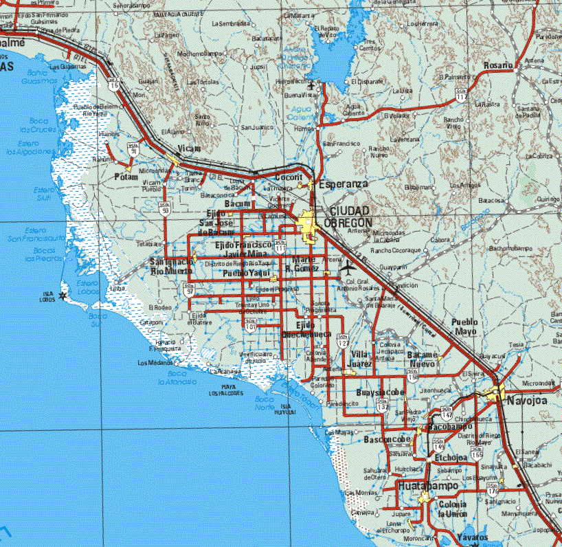 Este mapa muestra las ciudades de Ciudad Obregon, Navojoa, Huatabampo.