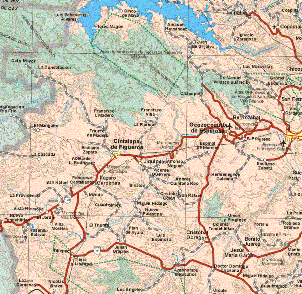 Este mapa muestra las ciudades de Cintalapa de Figueroa, Jiquipilas, Ocozocoautla de Espinosa, Berriozabal. Ademas de las poblaciones (pueblos) de La Constitución, Juan de Grijalva, Las Maravillas, Gabriel Esquinca, Dr. Manuel Velasco Suárez L., Chapopote, Viva Cárdenas, Francisco I. Madero, Francisco Villa, La Florida, El Progreso, Triunfo de Madero, Espinal de Morelos, Emiliano Zapata, La Cascada, Abelardo L. Rodríguez, Alfonso Miguel, Emiliano Zapata, Hermenegildo Galeana, Vicente Guerrero, San Rafael, Pomposo Castellanos, Lázaro Cárdenas, Sinaloa, Andrés Quintana Roo, La Providencia, Mérida, Cristóbal Colon, San Rafael, Cuauhtemoc, Miguel hidalgo, Nueva Palestina, Vista Hermosa, Nuevo Tenochtitlan, El Jardín, Villa Morelos, Rosendo Salazar, El Triunfo, Plan de Ayala, Luis Espinosa, Cristóbal Obregón , Colonia Tenochtitlan, Unión y Progreso, Portillo, Roblada, Grande, Benito Juárez, Monte Cristo, Luis Espinosa, Jesús Maria Garza, Monte Cristo, Rosendo Salazar, Julián Grajales, Lázaro Cárdenas, Nicolás Bravo, Tiltepec, Tierra y Libertad, Los Angeles, Agrónomos Mexicanos, Doctor Domingo Chanona, Cuauhtemoc, Miguel Hidalgo, Nicolás Bravo, Lázaro Cárdenas.