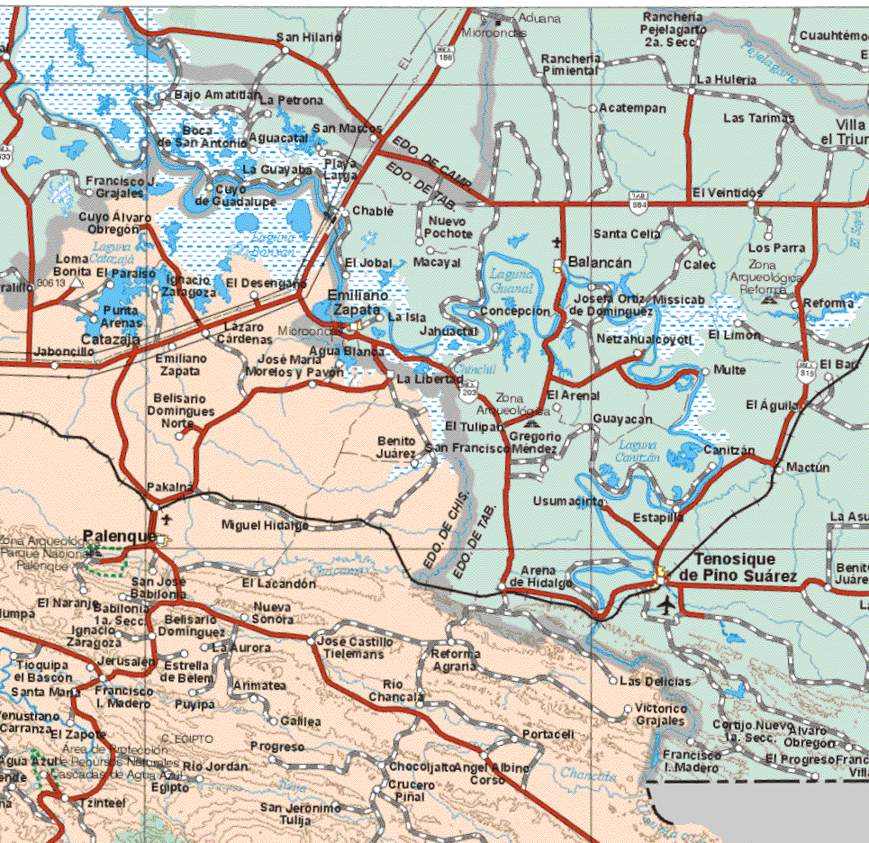Este mapa muestra las ciudades de Palenque, Emiliano Zapata. Ademas de las poblaciones (pueblos) de Cuyo Alvarado Obregón, Loma Bonita, El Paraíso, Punta Arenas, Ignacio Zaragoza, El Desengaño, Lázaro Cárdenas, Jaboncillo, Agua Blanca, José Maria Morelos y Pavón, La Libertad, Belisario Domínguez Norte, Benito Juárez, Pakalna, Miguel Hidalgo, San José, Babilonia, El Naranjo, Ignacio Zaragoza, Belisario Domínguez, Nueva Sonora, La Aurora, José Castillo Tielemans, Reforma agraria, Las Delicias, Victorio Grajales, Jerusalén, Tioquipa el Bacón, Santa Maria, Francisco I. Madero, Estrella de Belén, Arimatea, Río Chancala, Puyipa, El Zapote, Galilea, Portacel, Progreso, Aguila Azul, Zinteel, Egipto, Río Jordán, San Jerónimo Tulija, Chocoljalto, Crucero, Piñal, Albino Corso, Portacel.
