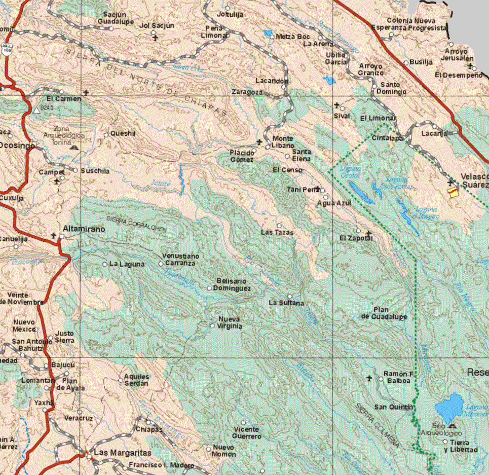Este mapa muestra las ciudades de Ocosingo, Velasco Suárez, Las Margaritas. Ademas de las poblaciones (pueblos) de Sacjun Guadalupe, Jol Sacjun, Pena, Limonal, Joltulija, Colonia Nueva Esperanza Progresista, Metza Boc, La Areria, Ubitio García, Arroyo Granizo, Busilija, Arroyo Jerusalén, El Desempeño, Lacandon, Zaragoza, Santo Domingo, El Carmen, Sival, El Limonar, La Carija, Cintalapa, Queshil, Monte Libano, Placido Gómez, Santa Elena, El Censo, Sushila, Campet, Agua Azul, Tani Peril, Altamirano, Las Tazas, El Zapotal, La Laguna, Venustiano Carranza, Belisario Domínguez, La Sultana, Plan de Guadalupe, Nueva Virginia, Veinte de Noviembre, Nuevo México, San Antonio Bahuitz, Justo Sierra, Bajucu, Lomantan, Plan de Ayala, Aquiles Serdan, Ramón F. Balboa, San Quintin, Tierra y Libertad, Vicente Guerrero, Nuevo Momon, Chiapas, Veracruz, Francisco I. Madero, Yaxha.