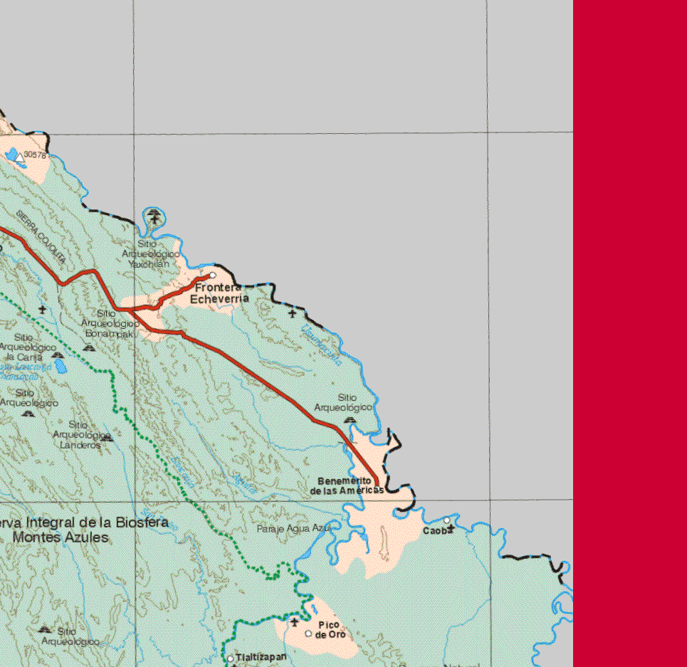 Este mapa muestra las poblaciones (pueblos) de Frontera Echeverría, Benemérito las Americas, Caoba, Pico de oro, Tlaltizapan.