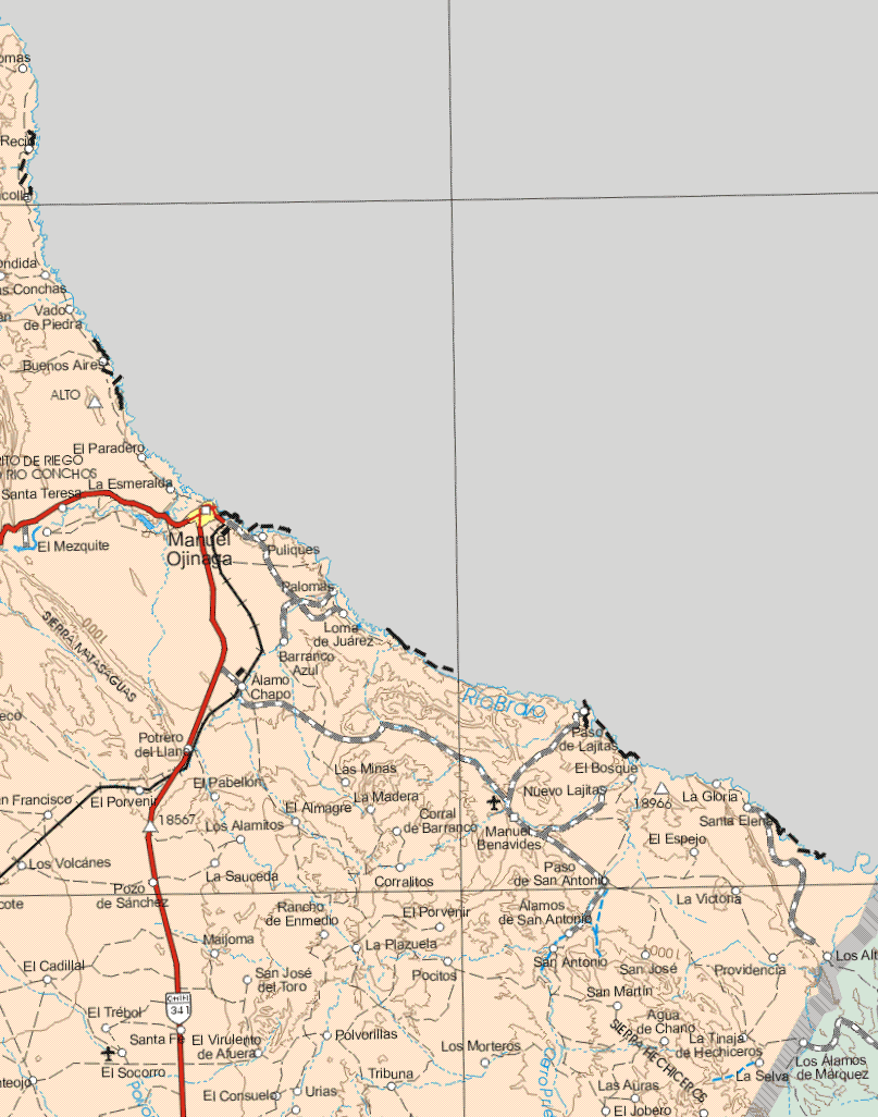 Este mapa muestra las ciudades de Manuel Ojinaga. Ademas de las poblaciones (pueblos) de Vado de Piedra, Buenos Aires, El Paradero, Santa Teresa, La Esmeralda, Puliques, El Mezquite, Palomas, Loma de Juárez, Barranco Azul, Alamo Chapo, Potrero del Llano, Paso de Lajitas, El Pabellón, Las Minas, El Bosque, San Francisco, El Porvenir, Los alamito, El Almagre, La Madera, Corral de Barranco, Manuel Benavides, Nuevo Lajitas, La Gloria, los Alamitos, Corral de Barranco, El Espejo, Santa Elena, Los Volcanes, El Cadillal, El Trébol, Santa Fe, El Socorro, Pozo de Sánchez, la Sauceda, Maijoma, San José del Toro, El Virulento de Afuera, El Consuelo, Urías, Tribuna, Polvorillas, San José del Toro, El Rancho de En medio, Corralitos, El Porvenir, La Plazuela, Los Pocitos, La Tribuna, Los Morteros, Paso de San Antonio, Alamos de San Antonio, San Antonio, La Victoria, San José, Providencia, Los Altos, San Martín, Agua de Chano, La Tinaja de Hechiceros, Los Alamos, La Selva de Márquez, Las Auras, El Jobero.