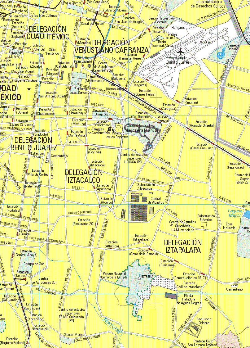 Este mapa muestra los municipios o la Delegación Cuauhtemoc, Delegación Venustiano Carranza, Ciudad de México, Delegación Benito Juárez, Delegación Ixtacalco, Delegación Ixtapalapa.