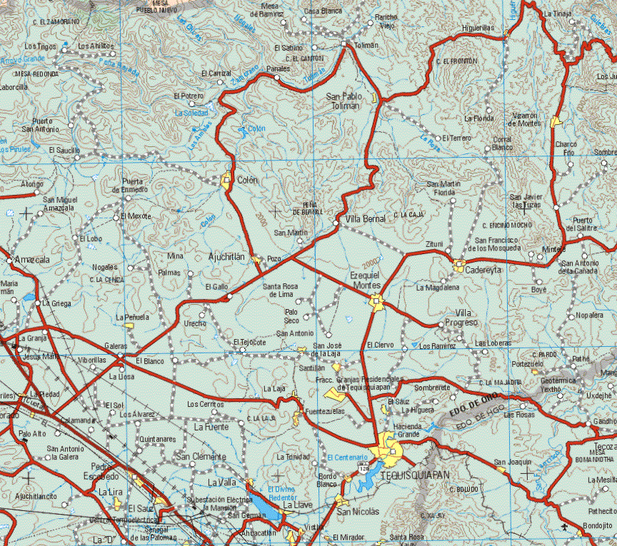 Este mapa muestra las ciudades de Colon, Vizarron de Montes, Cadereyta, Ezequiel Montes, Tequisquiapan, Ajuchitlan, La Lira, San Nicolas, La Llave, La Peñuela, El Sauz, Pedro Escobedo.