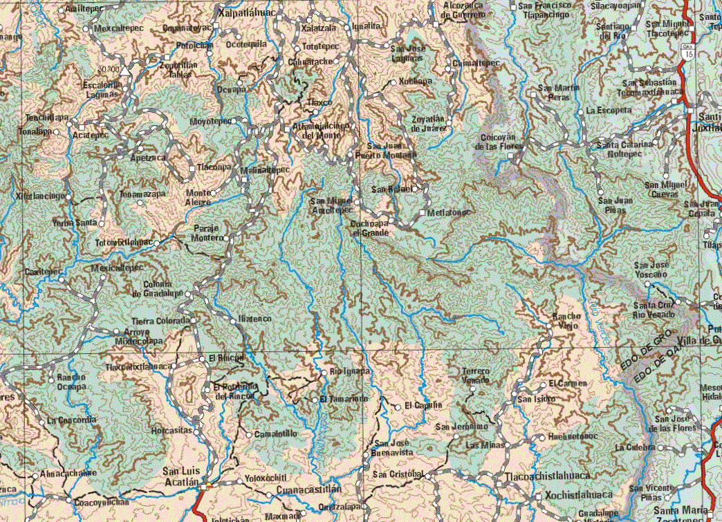 Este mapa muestra la ciudad de San Luis Ocatlan. Ademas de las poblaciones (pueblos) de Amiltepec, Mexcaltepec, Xalplatahuac, Xalatzala, Ignatita, Alcozarco de Guerrero, Ignatita, Protolchan , Ocotequila, Totoltepec, San José Lagunitas, Zopotitlan Tablas, Chimaltepec, Escalerilla Lagunas, Ocirapa, Xochapa, Tlaxco, Tenchitlapa, Tonalapa, Acatepec, Moyotepec, Atemalcingo del Monte, Zoyotlan de Juárez, Yonalapa, Acatepec, San Juan Puerto Montaga, Apetzuca, Tlacoapa, Malinaltepec, Xifolancingo, Tenamazapa, Monte Alegre, San Rafael, San Miguel Acoltepec, Metlatonoc, Xiforlancingo, Yerba Santa, Paraje Montero, Cochoapa el Grande, Caritepec, Mexicaltepec, Colonia de Guadalupe, Tierra Colorada, Rancho Viejo, Arroyo Mixtecolapa, Rancho Ocoapa, Tlaxcelixtlahuaca, El Rincón, El Potrermo del Rincón, El Tamarindo, El carmen, San isidro, El Capulin, La Concordia, Holcasitas, Almacachahire, Coacoyulichan, Horcasitas, San Jerónimo, Las Minas, Huehuetonoc, Tlacoachistlahuaca, Xochistlahuaca, San José Buenavista, San Cristóbal, Yoloxochitl, Cuanacastillan, Orelzalapa.