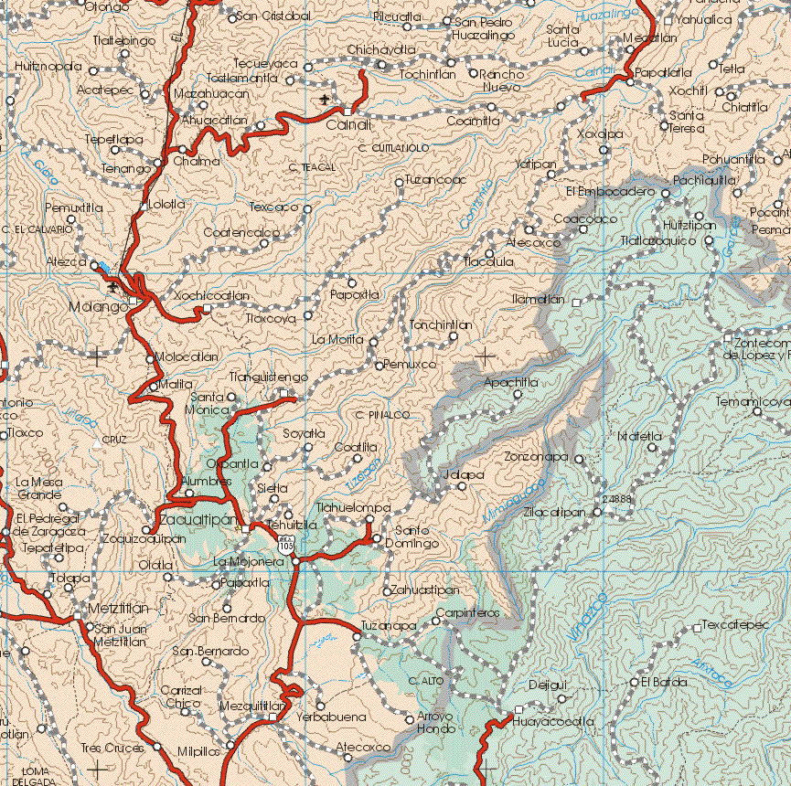 Este mapa muestra las poblaciones (pueblos) de Otongo, San Cristóbal, Pilcuatla, San Pedro Huazalingo, Santa Lucia, Mecatlan, Yahualica, Tlateoingo, Tecueyaca, Chichayotla, Tochintlan, Papatlatla, Tetla, Acatepec, Tochinflan, Rancho Nuevo, Xochil, Toxtlamantla, Mazahuacan, Chiachitla, Ahuacatlan, Calnali, Coamitla, Santa Teresa, Xoxolpa, Chalma, Pahuantita, Tenango, Tenango, Yatipan, Tuzancoac, Permutilla, Lolotla, Texcaco, El Calvario, Coatencalco, Atecoxco, Tlacolula, Atezca, Molango, Xochicoatlan, Papoxtla, Tlaxcoya, Tonchitlan, La Morilla, Moloetlan, Pemuxco, Malita, Tlanguistengo, Santa Mónica, Tlaxco, Soyotla, Coatitla, Jalapa, La Mesa Grande, Sietla, Tlahuelompa, santo Domingo, Zahuastipan, Carpinteros, Tuzanapa, El Pedregal de Zaragoza, Tepatetipa, Tolapa, Metzititlan, Tehuitzila, Zoquizoquipan, Ototla, La Mojonera, Papaxtla, Mextitlan, San bernardo, San Juan Metzitlan, San Bernardo, Carrizal Chico, Yerbabuena, Atecoxco, Milpillas, Tres Cruces.