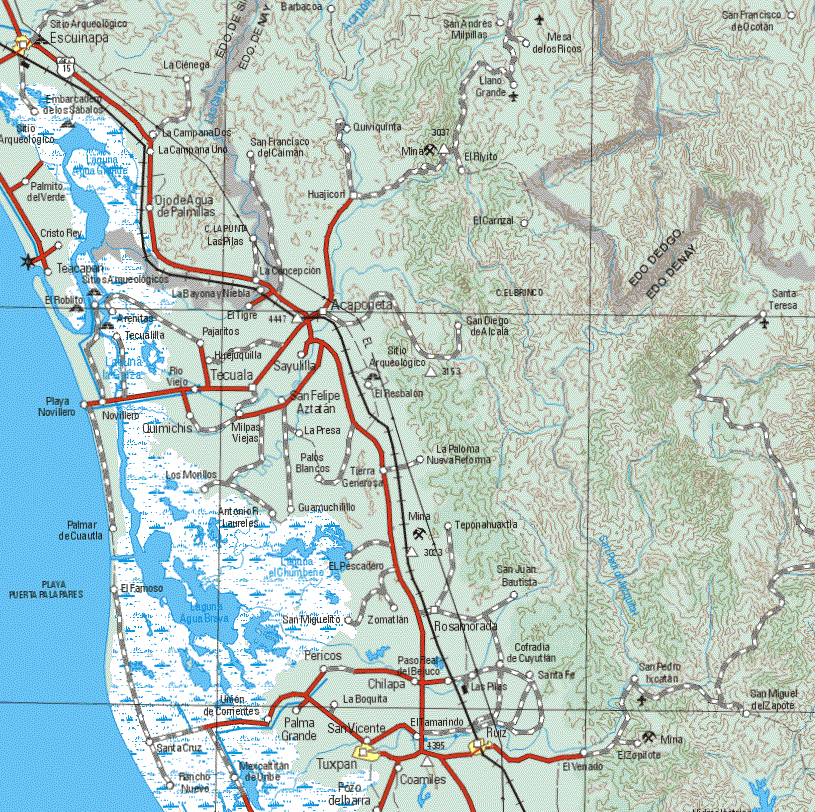 Este mapa muestra las ciudades de San Vicente, Tuxpan, Ruiz.