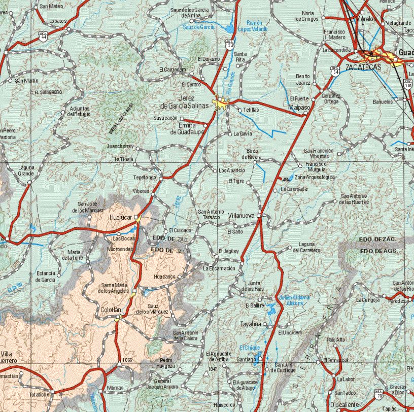 Este mapa muestra las ciudades de Huejucar, San Maria de los Angeles, Colotlan. Ademas de las poblaciones, pueblos deSan José de los Márquez, Las Bocas, Huacasco, Sauz de los Márquez, Totatiche.