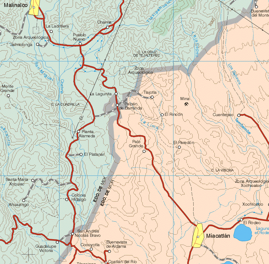 Este mapa muestra la poblacion de Miacatlan. Ademas de los pueblos y poblados de Buenavista del Monte, Tajotla, Palpan de Barranda, El Rincón, Cuentepec, Palo Grande, El Paredón, El Rodeo, Xochicalco, San Andrés Nicolás Bravo, Cocoyotla, Buenavista de Aldama.