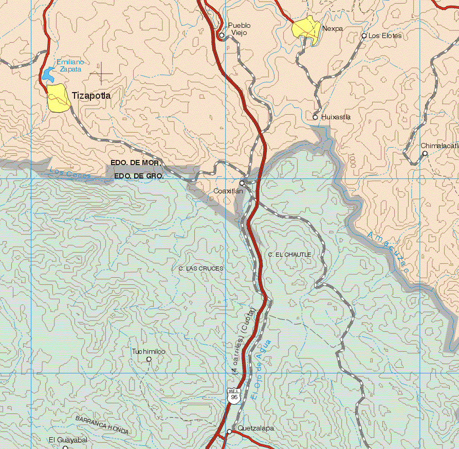 Este mapa muestra las poblaciones de Tizapotla, Nexpa. Ademas de los pueblos y poblados de Pueblo Viejo, Los Elotes, Huixastla, Coaxitlan, Chimalacatla.