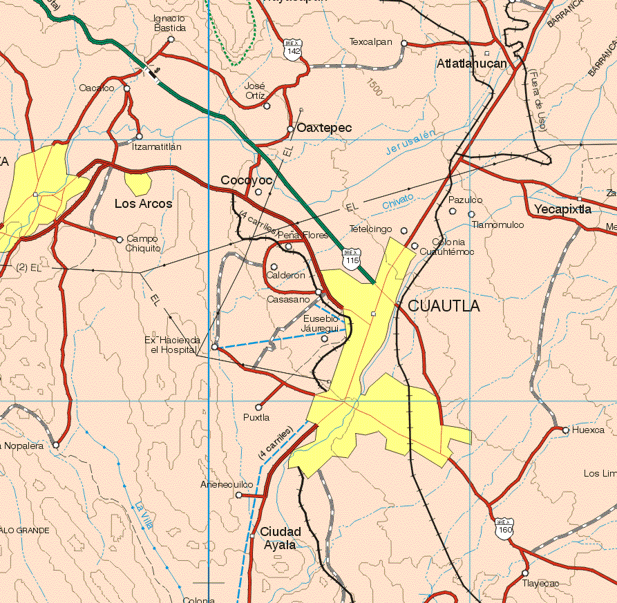 Este mapa muestra las ciudades de Los Arcos, Cuautla. Ademas de los pueblos y las poblaciones de Ignacio Bastida, Texcalpan, Oacaico, José Ortiz, Itzamatitlan, Oaxtepec, Cocoyoc, Campo Chiquito, Peña Flores, Tetelcingo, Pazulco, Yacapixtla, Tlacomulco, Colonia Cuauhtemoc, Calderón, Casasano, Eusebio Jáuregui, Ex Hacienda el Hospital, Puxtla, Nopalera, Huesca, Anenecuilco, Ciudad Ayala, Tlayecao.