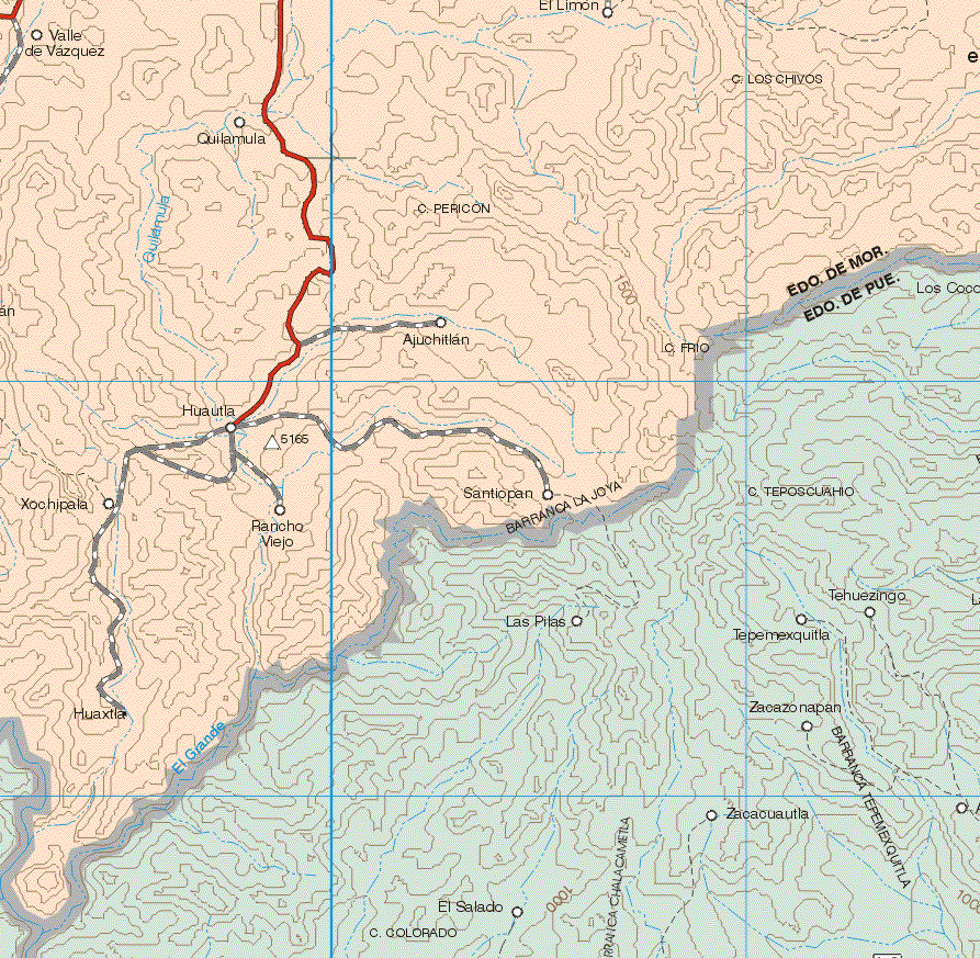 Este mapa muestra las poblaciones de Valle de Vázquez, El Limón, Quilamula, Ajuchitlan, Huautla, Xochipala, Rancho Viejo, Santiopan.