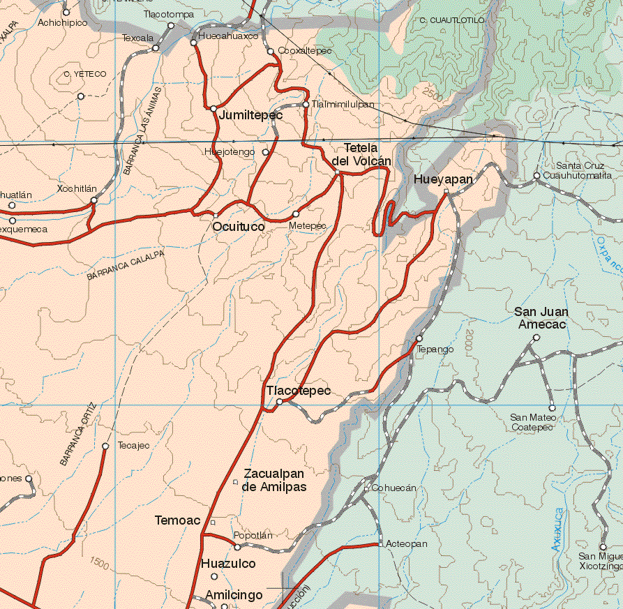 Este mapa muestra los pueblos y los poblados de Achichipico, Texcala, Huecahuaxco, Ocoxaltepec, C. Yeteco, Jumiltepec, Tlalmimilulpan, Huejotengo, Tetela del Volcán, Hueyapan, Xochitlan, Metepec, Ocuituco, Exquemeca, Tlacotepec, Tecajec, Zacualpan de Amilpas, Temoac, Popotlan, Huazulco, Amilcingo.