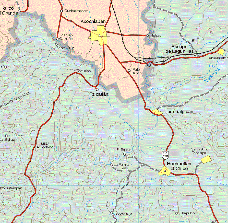 Este mapa muestra la poblacion de Axochiapan. Ademas de los pueblos y poblados de Ixtlico el Grande, Quebraniadero, Joaquín Camaño, Tlalayo, Palo Blanco.
