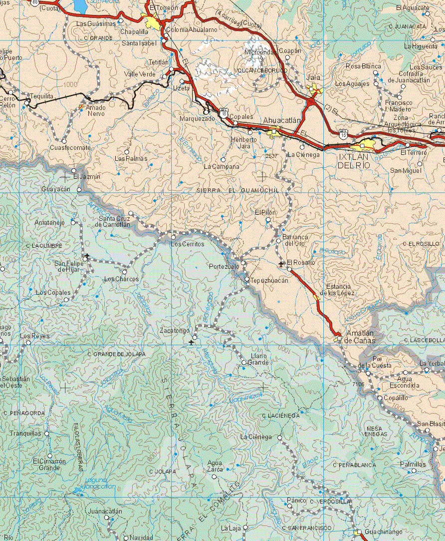 Este mapa muestra las poblaciones de El Torreón, Chapililla, Jala, Amado Nervo, Ahuacatlan, Ixtlan del Río, Estancia de los López, Amatlan de Cañas. Ademas de los pueblos y poblados de Las Guasimas, Colonia Ahualamo, Santa Isabel, El Aguacate, La Higuerita, Copan, Tetitlan, Rosa Blanca, Valle Verde, Cofradía de Juanacatlan, Los Aguajes, Useta, Francisco I. Madero, Marquezado, Copales, Heriberto Jara, Cuastecomate, Las Palmas, La Campana, La Ciénega, El Terrero, San Miguel, El Jazmín, Guayacán, Santa Cruz de Camotlan, El Pilón, Barranca del Oro, El Rosario, Portezuelo, Tepuzhuaca, Pie de la Cuesta, Agua Escondida, Capalillo, San Blasito.