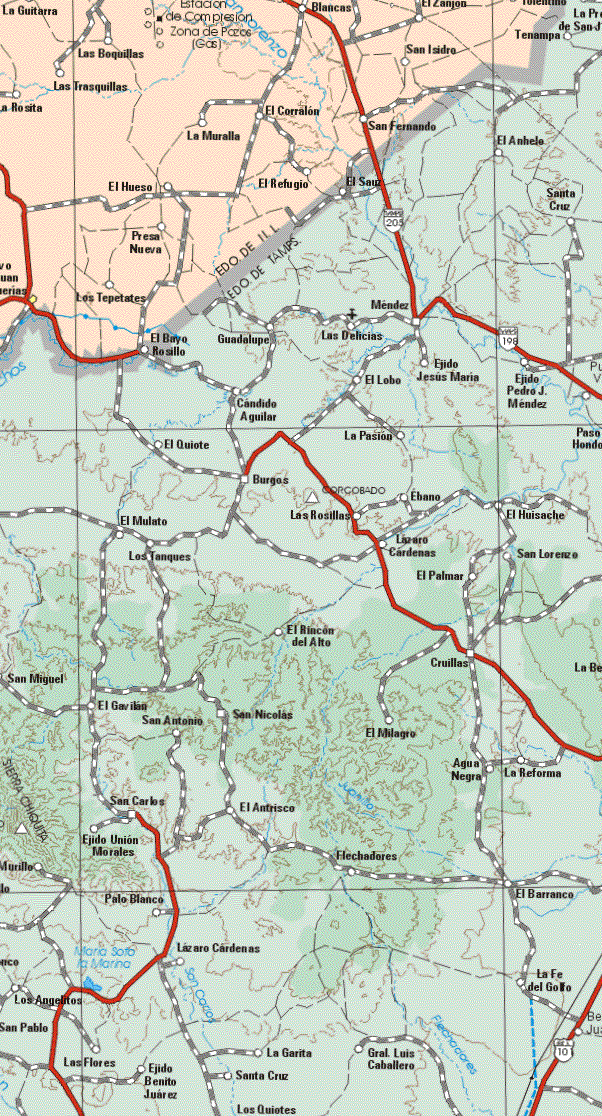Este mapa muestra los pueblos y poblados de La Guitarra, Las Boquillas, las Trasquillas, El hueso, Presa Nueva, Los Tapetes, La Muralla, El Refugio, El Corralón, Blancas, San Fernando, San Isidro, El Zanjon.