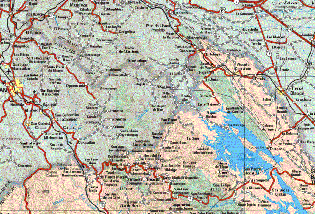 Este mapa muestra las poblaciones de Vicente Camalote, Temascal. Ademas de los pueblos y poblados de El Refugio, Acatlan de Pérez Figueroa, La Junta, Tetela, Corrales, Joliet, Carro Mojarra, Tembladeras del Castillo, Rancho Grande, Miguel Hidalgo, San Miguel Nuevo, Isla Malzaga, Cabeza de Tigre, La Reforma, Río Sapo, Santa Rosa, Corral de Piedras, Santa Maria Chilchotla, San José Independencia, Texcalcingo, San Francisco Huhuetlan, Elaxochitlan de Flores Magon, Santa Maria Teopaxco, Teotitlan de Flores Magon, Tecoatl Yolaxochitlan, Acatepec, San Andrés Hidalgo, San José Tenango, Cabeza de Tilpan, Cerro Central, San Pedro Ixcatlan, Mazin Grande, San Antonio Nanahuatipam, San Martín Toxpalan, San Lucas Zoquiapan, Huautla de Jiménez, Huautepec, Mazin Chico, San Lucas Ojitlan, Paso Canoa, La Chuparrosa, Vida Hermosa, Loma Santo Tomas, San Felipe Jalapa de Díaz, San Bartolomé Ayautla, San Juan Coatzospan, Chiquihuitlan de Benito Juárez, Aguacalidad, El Camarón, Mazatlán Villa de Flores, La Toma, San Juan de los Cues, Ignacio Mejia.