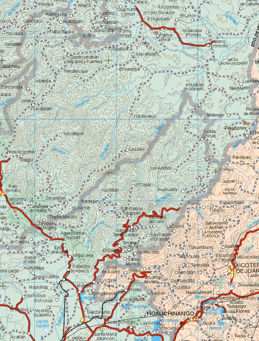 Este mapa muestra la ciudad de Xicotepec de Juárez, Hualichinango, Tenango de las Flores.Ademas de las poblaciones de Pantepec, El Pozo, Jalpan, Tlaxca, Papalocitan, Tiltepec, La Cueva, San Antonio Acatlan, Tlacuiltepec, Itzatlan, Tlapehuaca, Tenextitla, Xilepa, Pahuatlan del Valle, Ozomatlan Cuanueyatla, Lezotitla, Naupan, Necaxaltepec, Nuevo Necaxa, Jaltepec, Cuacuila, Taola, La Peñada de Colotla, Plan de Ayala, Cuanila.