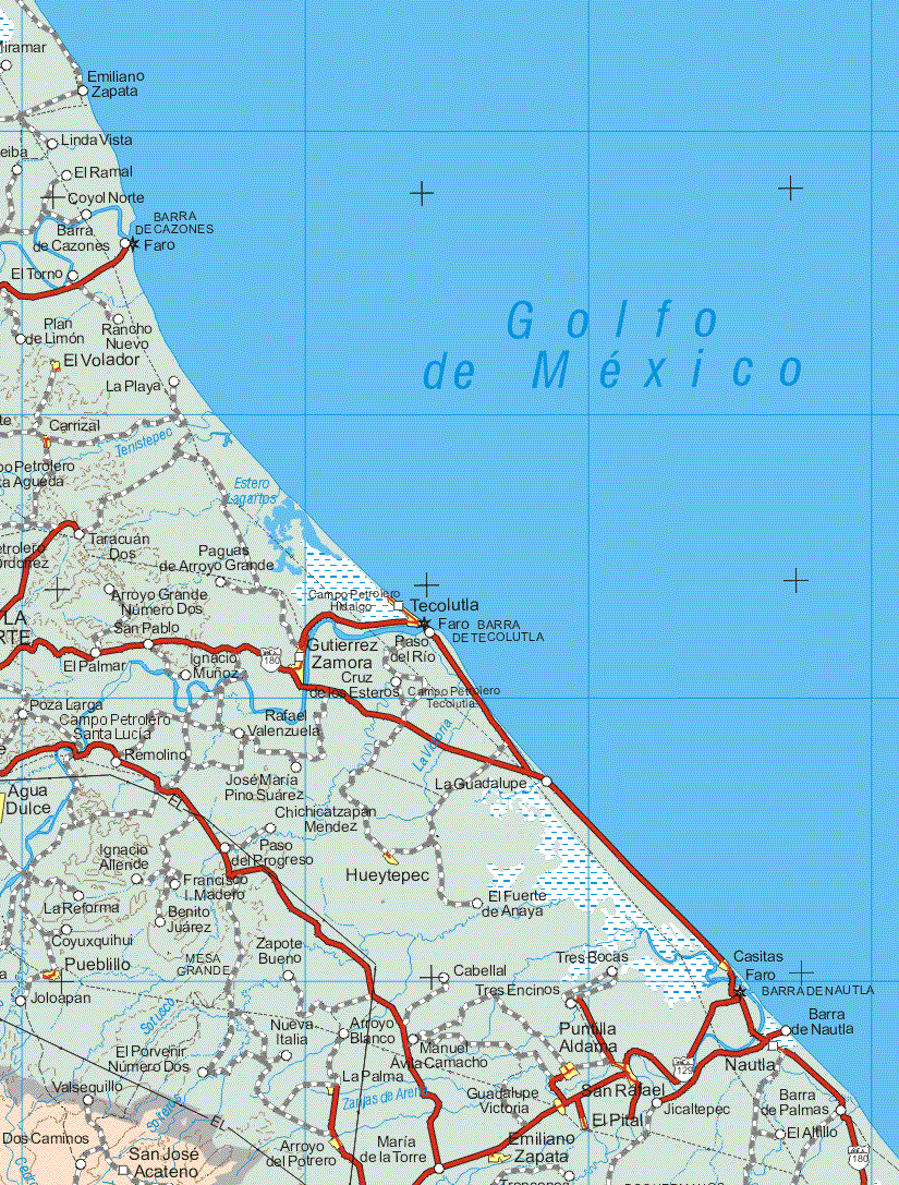 Este mapa muestra las poblaciones de Valsequillo, Dos Caminos, San José Acateno.