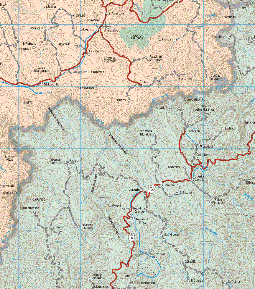 The map also shows the towns (pueblos) of Lomas de Juárez, El Saucillo, Encino Solo, El Agucate, Neblinas, La Lagunita, Malpais, El Refugio, Palo Verde, La Reforma, Acatitlan de Zaragoza, Las Animas, Matzacintla, Tilaco, Santa Inés, Jaguey Colorado, Otates, Ocotlan.