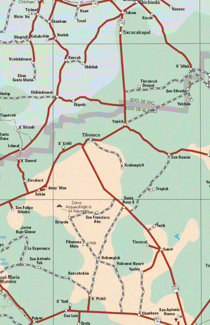 This map shows the major cities (ciudades) of José Maria Morelos.The map also shows the towns (pueblos) of San Silvento, Yalchen, Tepic, Tihosuco, X- Cabil, X- Querol Xculumpich, San Ramón, Sacalaca, Huay Max, Trapich, Saban, Santa Rosa II, San Felipe Oriente, San Francisco Ake, Dzoyola, Tuzik, Javier Rojo Gómez, La Esperanza,, Filomeno Mata, Tixcatal, Señor, San Antonio Tuk, Hobompich, Yodzonot Nuevo, Yaxley, Kancabchen, X-Yatil, X-Pchil, Poliyuc, San Luis, Dzula, San Antonio Nuevo, Chumhuas.