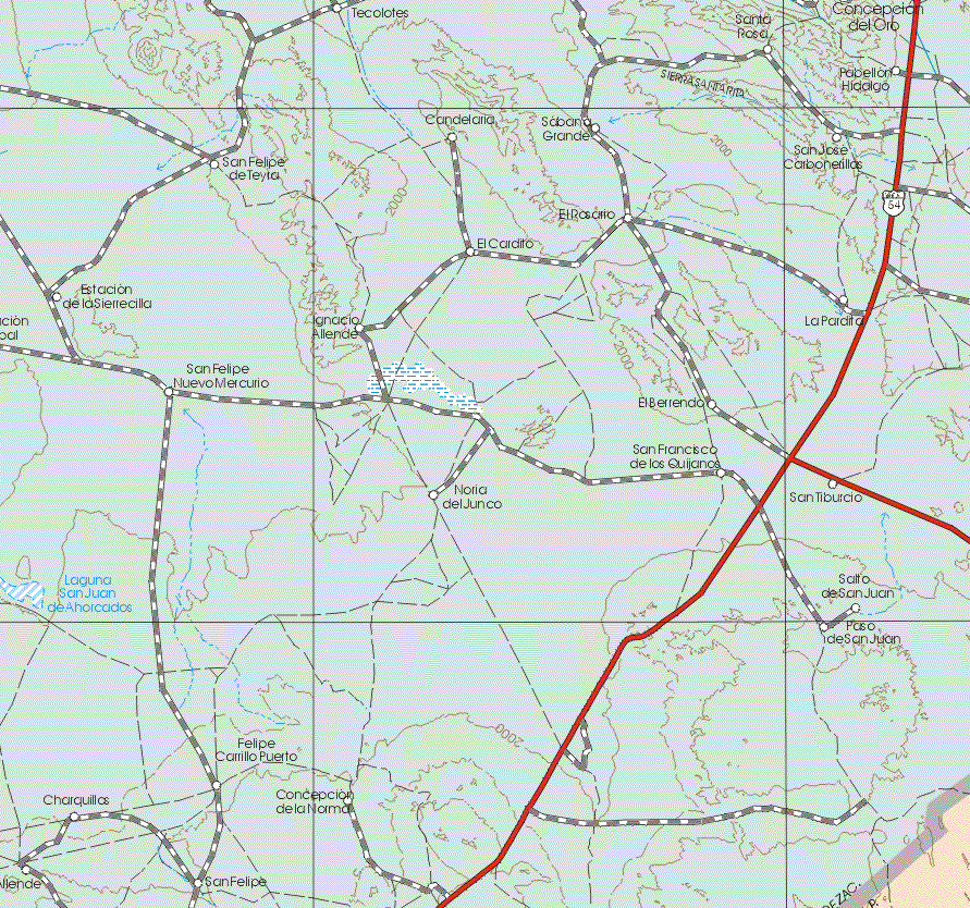 Este mapa muestra las poblaciones de Tecolotes, Santa Rosa, Sabana Grande, Canelaria, San Felipe Teila, Estacion de la Sierrecilla, San Felipe Nuevo Mecurio.