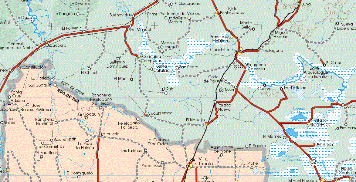 This map shows the major cities (ciudades) of Constitución, Villa el Triunfo, El Piche.The map also shows the towns (pueblos) of La Florida, San Joaquín, Santa Cruz Aduana, José Narciso Rovirosa, Ranchería Pajelagarto 2ª Sección, San Joaquín, Tres Valles, Ranchería Pimiental, Pejelagarto 1ª Sección, Acatempan, La Pozal Huleria, Lic. Gustavo Díaz Ordaz, Las Carmelitas, El Faustino, Las Tarinas, Agricultores, El Suspiro, El Hormiguero, Zacatecas, Ojo de Agua.