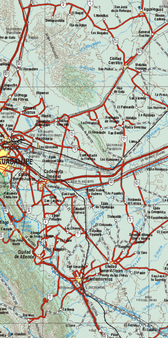 Este mapa muestra las ciudades de Agualeguas, Ciudad Cerrano, Ciudad Guadalupe, Ciudad Apodaca, Ciudad de Allende, Montemorelos.