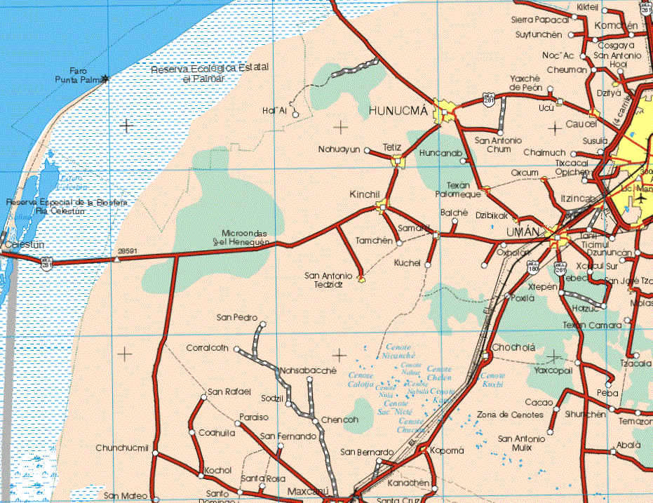 Este mapa muestra la ciudad de Merida. Ademas de las poblaciones de Dzitya, Ocu, Hunucma, Caucel, Tetiz, Oxcum, Kinchil, Texan Palomeque, Itzincab, Dizibikak, Uman, Samahil, San Antonio, Tectzictz, Chochola, Kopoma, Kikteil, Sierra Papakal, Komchen, Suyfunchen, Cosgaya, Noc Ac, Cheuman, San Antonio Hoa, yaxche de Peon, Hol Ai, San Antonio Chum, Susula, Chalmuch, Nohuayun, Huancanab, Tixcacal Opichen, Celestum, Bafche, Tanil, Ticimul, Dzununcan, Tamchen, Oxholon, Kucher, Xcucul Sur, Ebec, Xtepen, Poxila, Hatzuc, San Pedro, Texan Camara, Corracoth, Tzacola, Nochsabacahe, Yaxcopail, San Rafael, Soctzil, Peba, Cacao, Paraíso, Chencoh, Zona de Cenotes, Sihunchen, Temazon, Paraíso, Coahuila, San Fernardo, Chunchucmil, San Mateo, Kochol, Santo Domingo, Santa Rosa, Maxcanu, San Bernardo, Kanachen, Santa Cruz, San Antonio Mulix, Abala.
